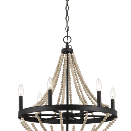 Starry Wood Chandelier Farmhouse Six Candle Light Wood Beaded Black Pendant Light for Dining Room Home Decor > Lighting > Ceiling Lights > Chandelier TriadCommerceInc
