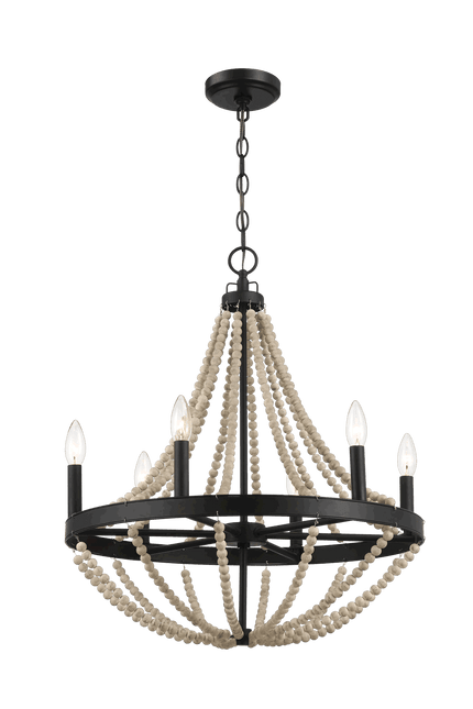 Starry Wood Chandelier Farmhouse Six Candle Light Wood Beaded Black Pendant Light for Dining Room Home Decor > Lighting > Ceiling Lights > Chandelier TriadCommerceInc
