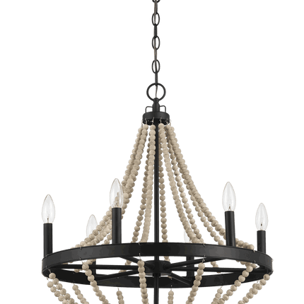 Starry Wood Chandelier Farmhouse Six Candle Light Wood Beaded Black Pendant Light for Dining Room Home Decor > Lighting > Ceiling Lights > Chandelier TriadCommerceInc