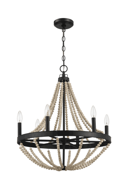 Starry Wood Chandelier Farmhouse Six Candle Light Wood Beaded Black Pendant Light for Dining Room Home Decor > Lighting > Ceiling Lights > Chandelier TriadCommerceInc