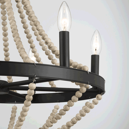 Starry Wood Chandelier Farmhouse Six Candle Light Wood Beaded Black Pendant Light for Dining Room Home Decor > Lighting > Ceiling Lights > Chandelier TriadCommerceInc