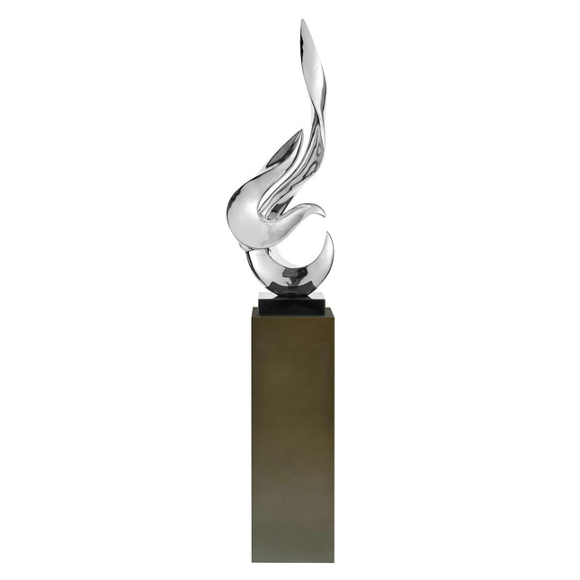 Chrome Flame Floor Sculpture With Gray Stand, 65" Tall Sculpture TriadCommerceInc   