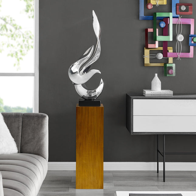 Chrome Flame Floor Sculpture With Wood Stand, 65" Tall Sculpture TriadCommerceInc   