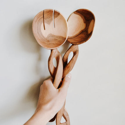 Olive Wood Spiral Salad Servers Serveware TriadCommerceInc   