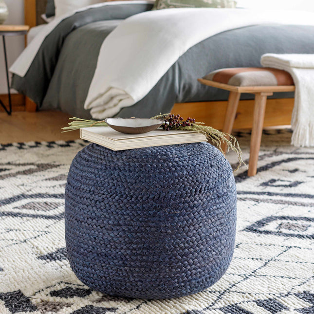 Gail Navy Jute Knitted Pouf Poufs TriadCommerceInc