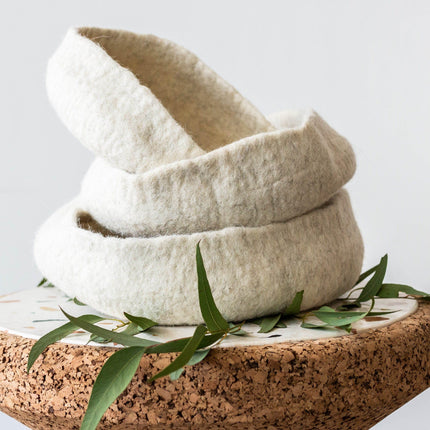 Natural White Hand Felted Nesting Bowls Baskets & Vessels TriadCommerceInc