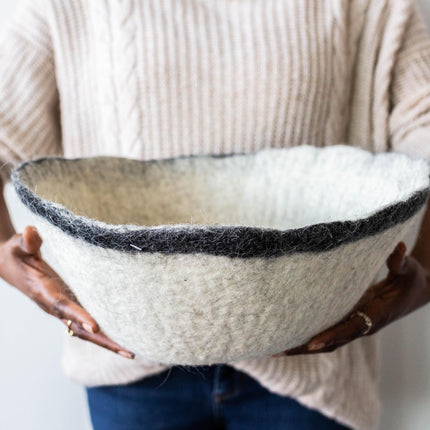 Orbit Hand-Felted Wool Natural White and Black Bowl Baskets & Vessels TriadCommerceInc