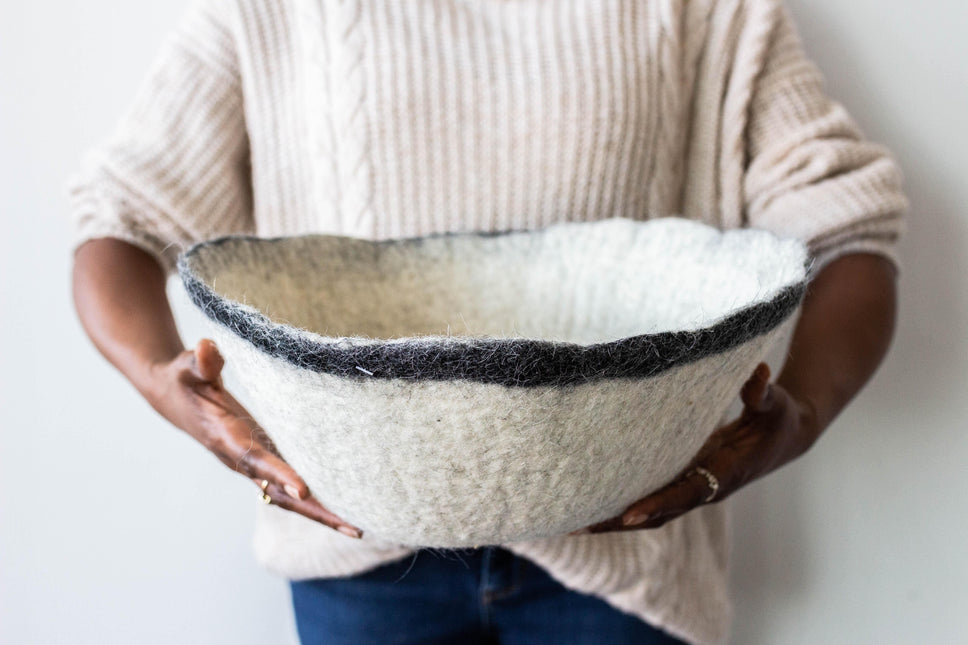 Orbit Hand-Felted Wool Natural White and Black Bowl Baskets & Vessels TriadCommerceInc
