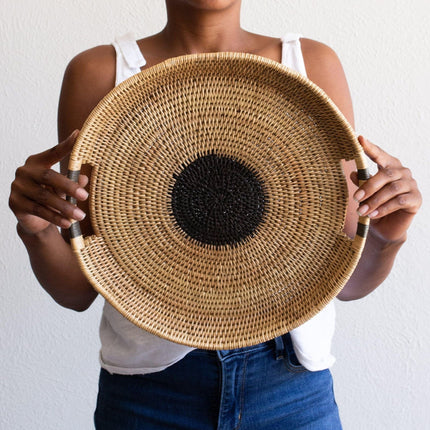 Siyanda Moon Round Woven Tray Baskets & Vessels TriadCommerceInc Black