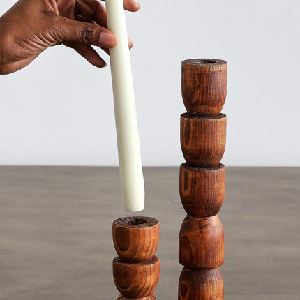 Totem Pine Wood Taper Candlestick Holder Décor Collection TriadCommerceInc Cognac Small