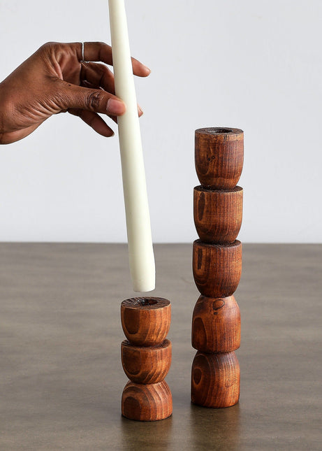 Totem Pine Wood Taper Candlestick Holder Décor Collection TriadCommerceInc Cognac Small