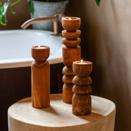 Abstract Wooden Tealight Totem Candle Holder Décor TriadCommerceInc Cognac Set of 3